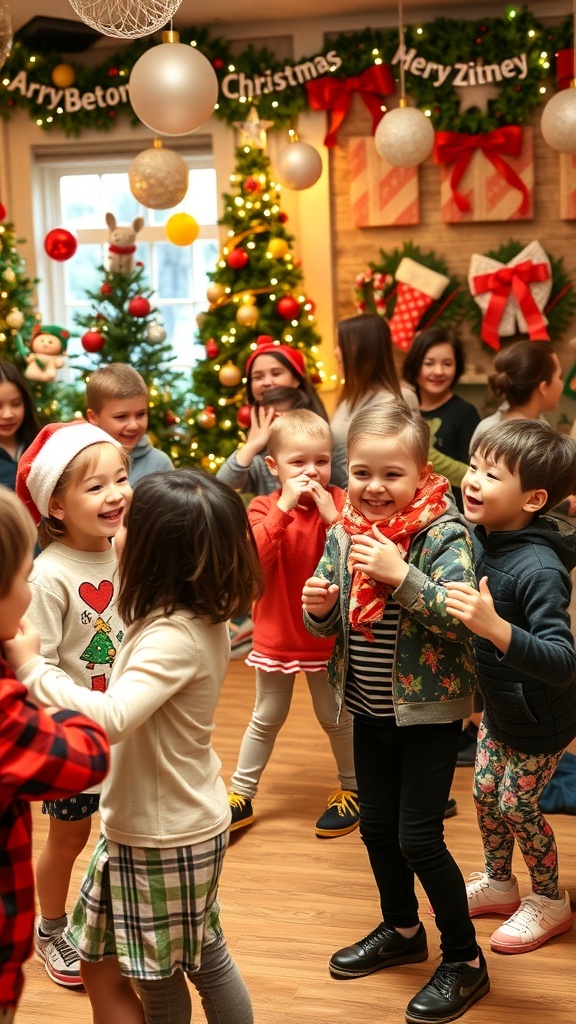 Children playing Christmas party games, filled with joy and festive decorations.